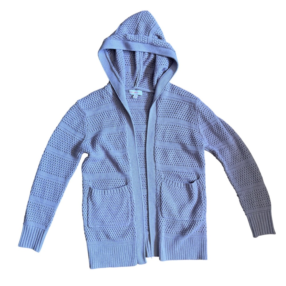 Design History‎ Lavender Purple Pointelle Knit Open Front Hooded Cardigan Small